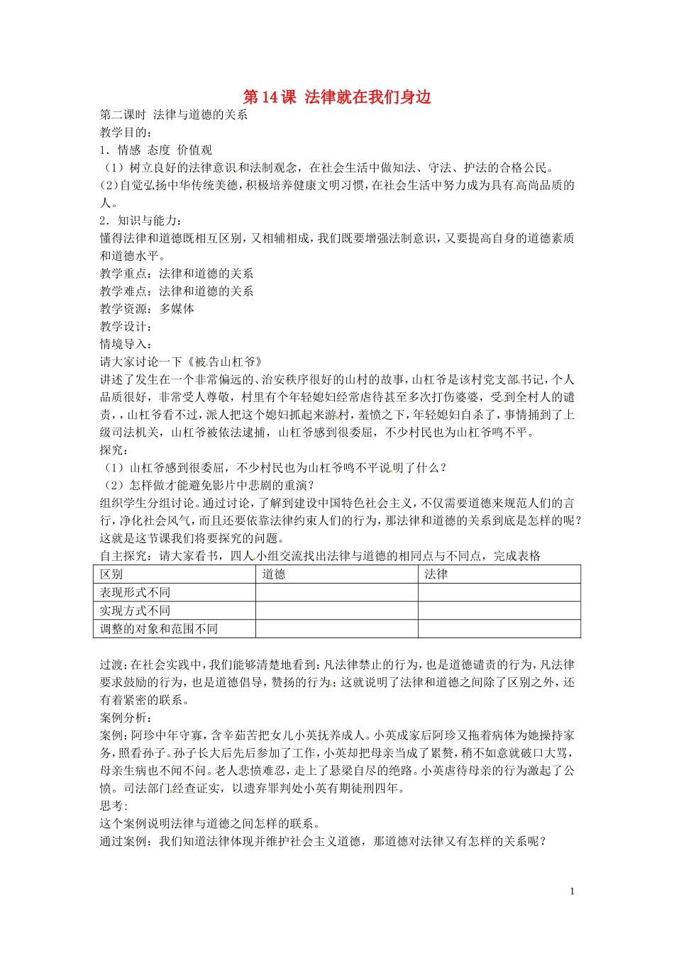 江苏省丹阳市第三中学八年级政治下册5.14.2法律与道德的关系教案苏教版_第1页