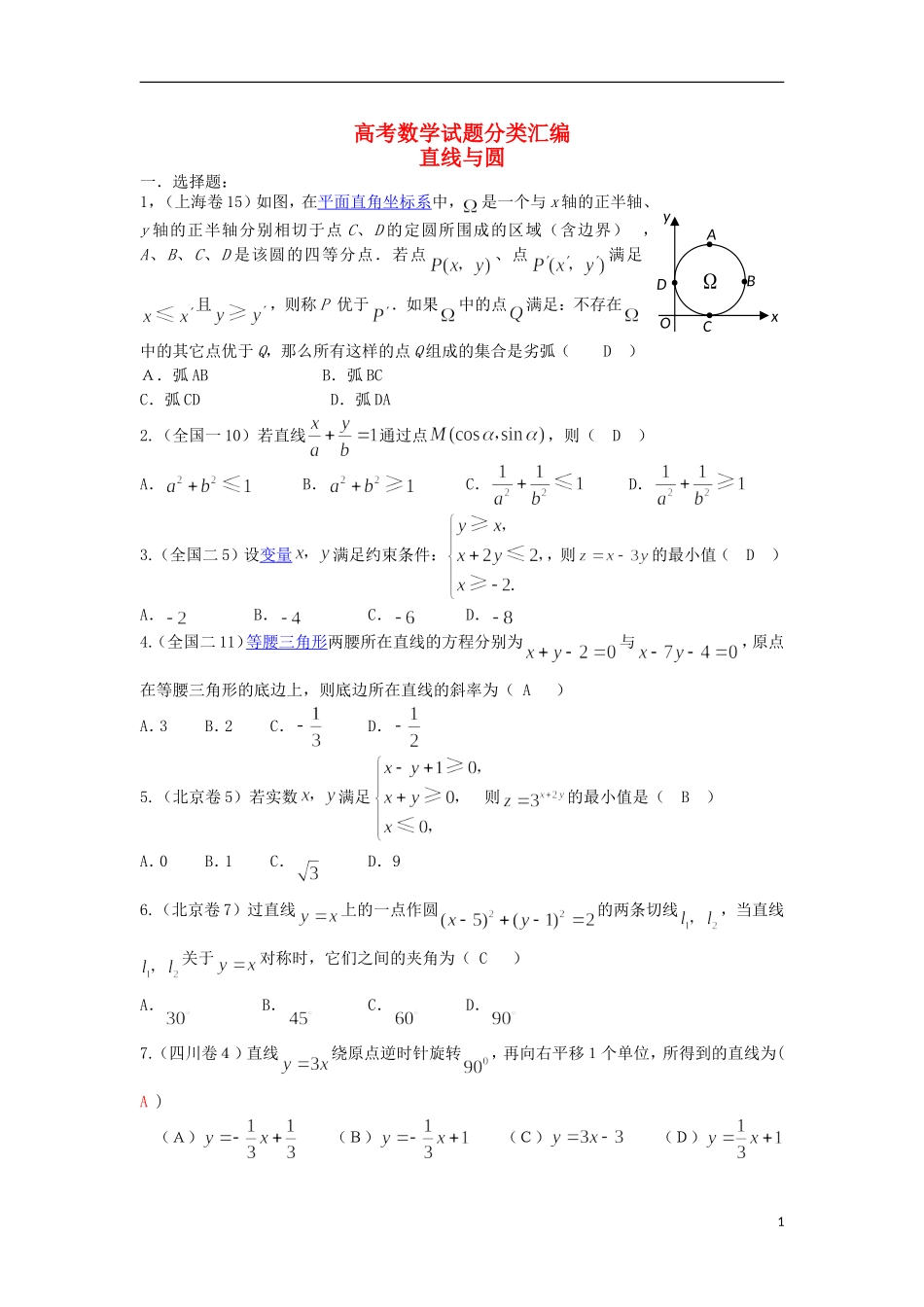 浙江省磐安县高考数学试题分类专题汇编 直线与圆 新人教A版 _第1页