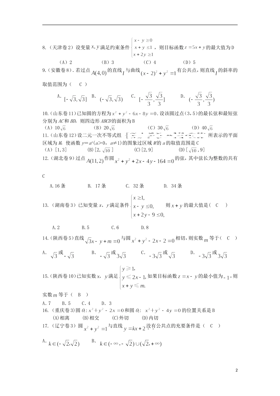 浙江省磐安县高考数学试题分类专题汇编 直线与圆 新人教A版 _第2页