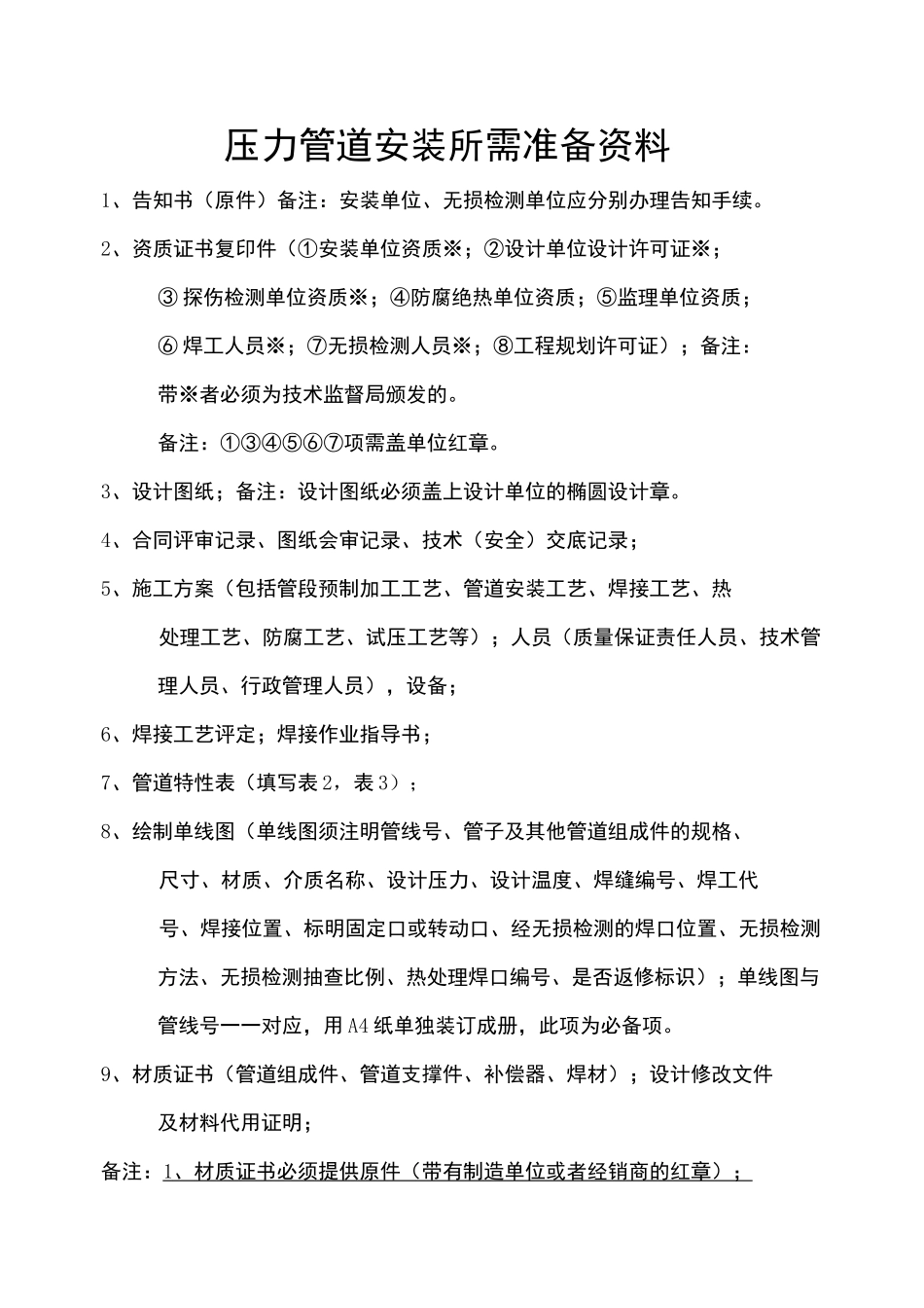 压力管道报检资料明细_第1页