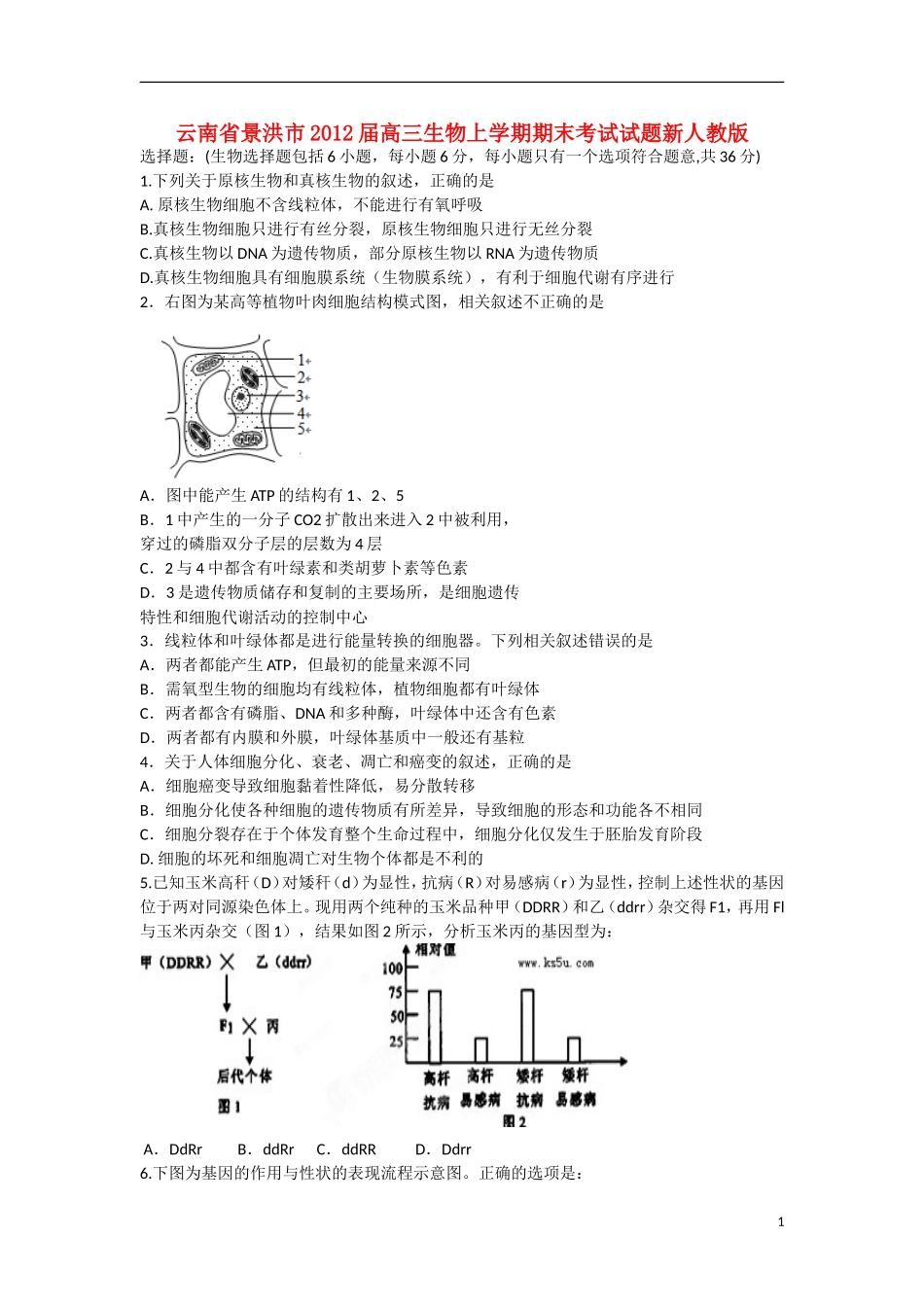云南省景洪市2012届高三生物上学期期末考试试题新人教版_第1页