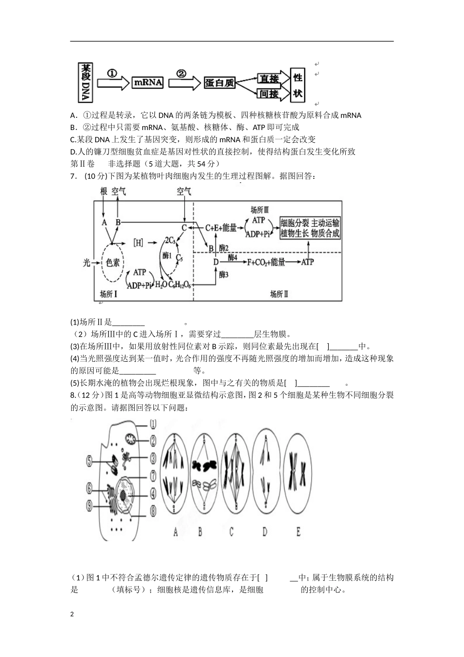 云南省景洪市2012届高三生物上学期期末考试试题新人教版_第2页