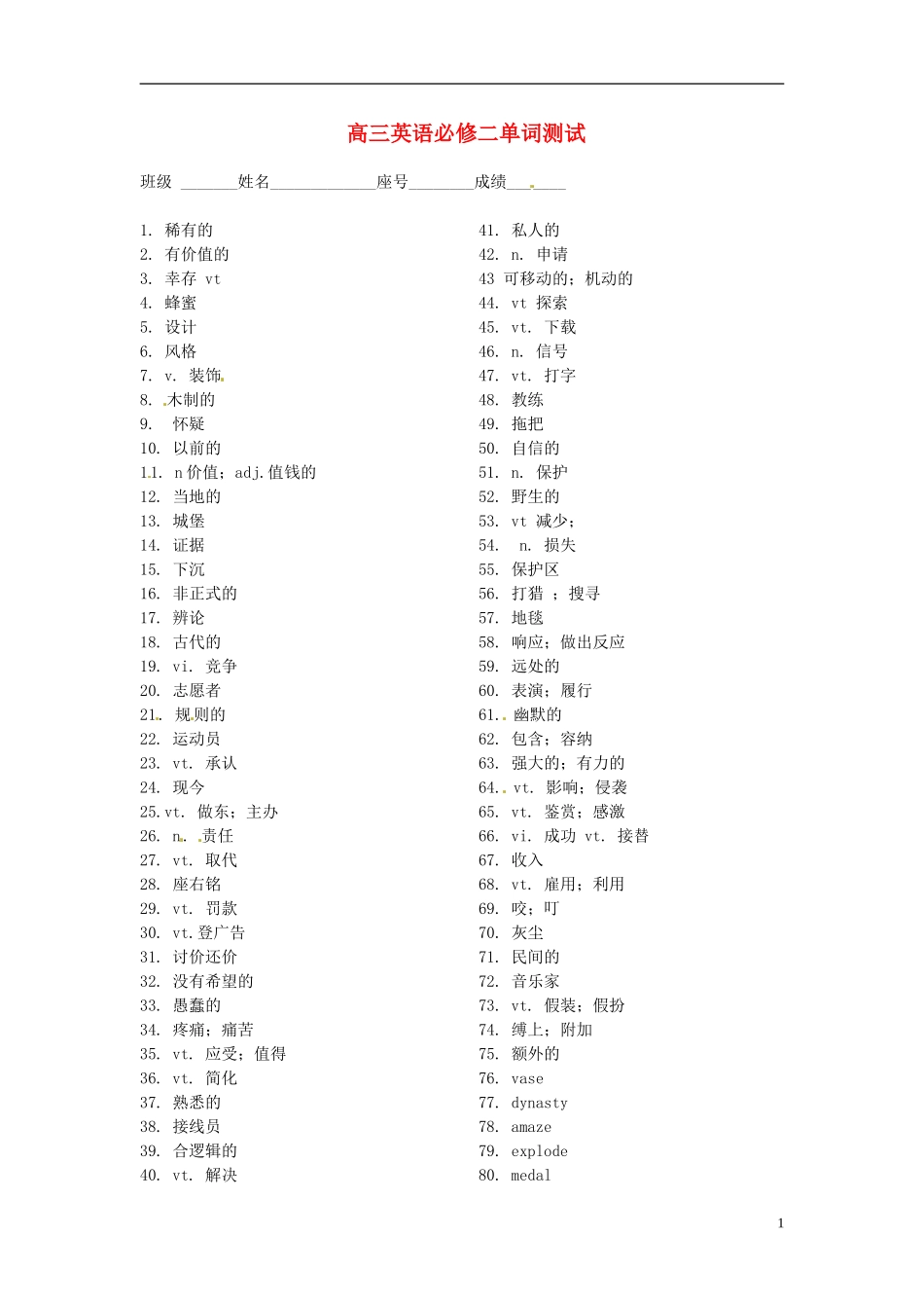 福建省福州文博中学高中英语 单词测试题 新人教版必修2_第1页