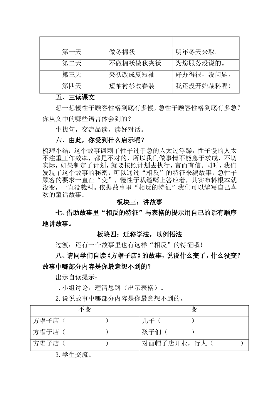 第1课时《慢性子裁缝和急性子顾客》+《方帽子店》教案_第3页