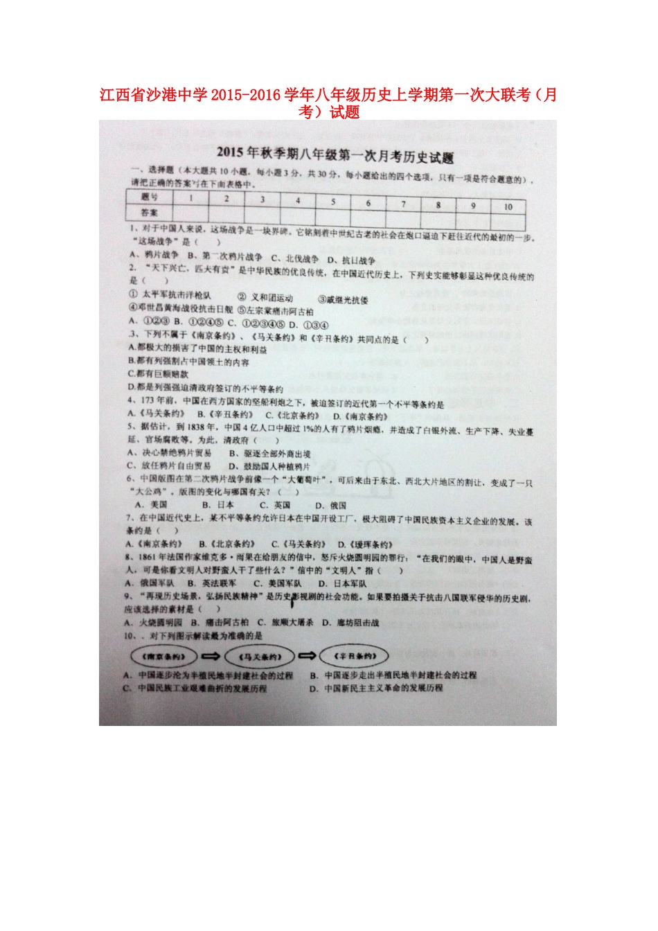 江西省沙港中学2015_2016学年八年级历史上学期第一次大联考月考试题扫描版华东师大版_第1页