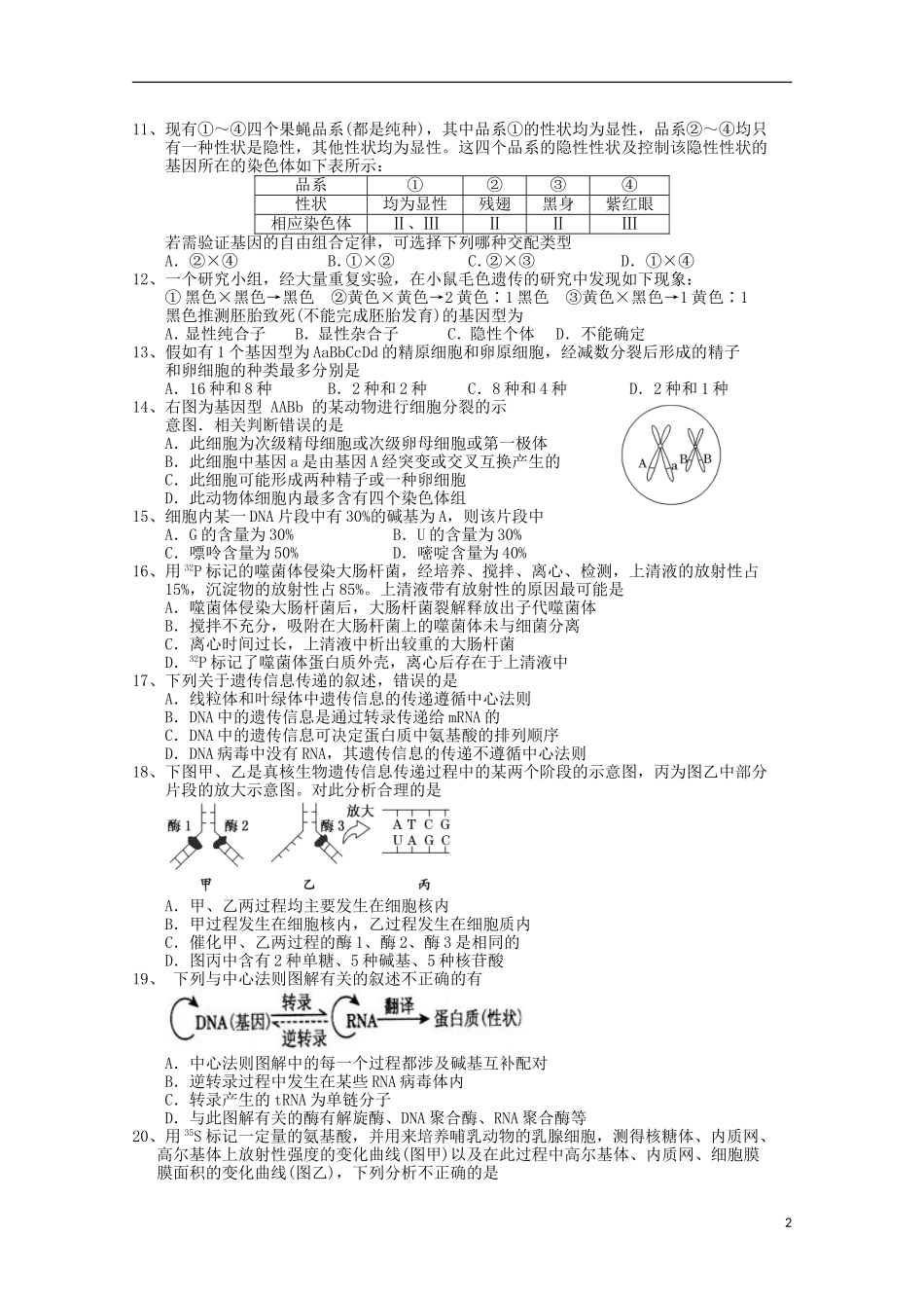 陕西省镇安中学2016届高三生物上学期第二次月考试题无答案_第2页