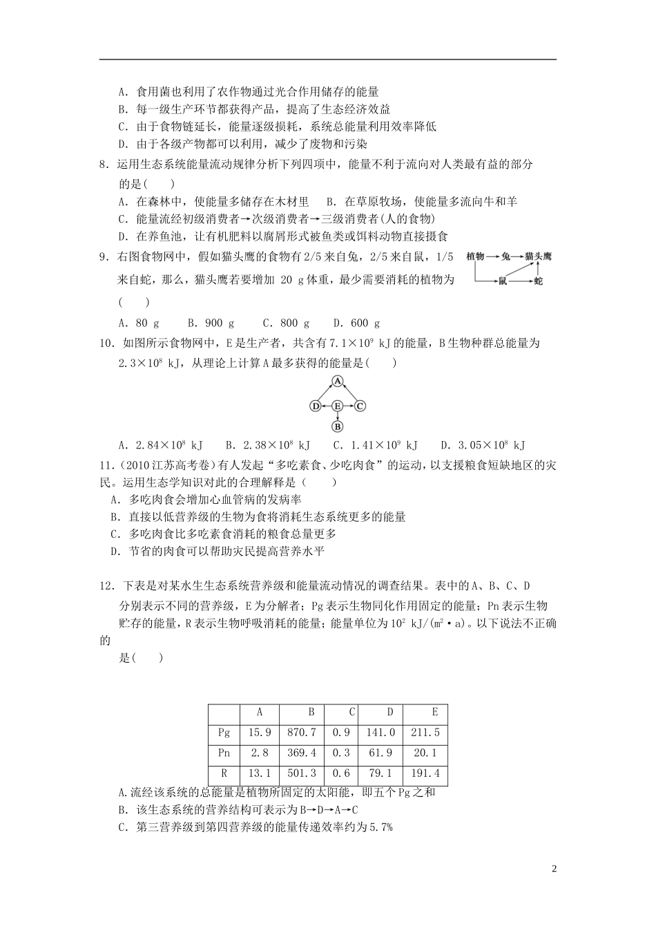 黑龙江省大庆市三十五中高中生物5.2生态系统的能量流动习题新人教版必修3_第2页