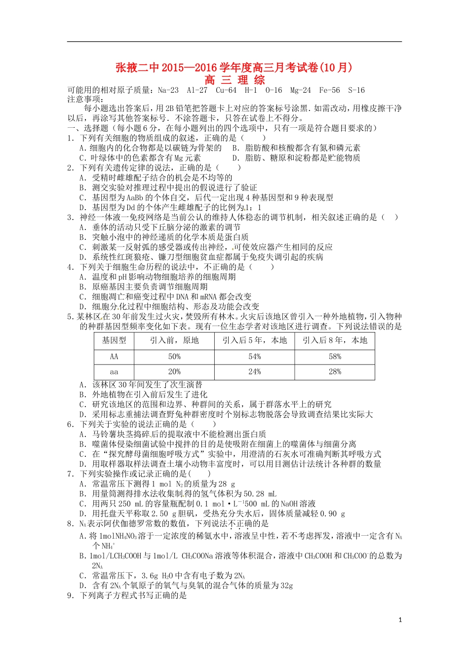甘肃省张掖二中2016届高三理综上学期10月月考试题_第1页