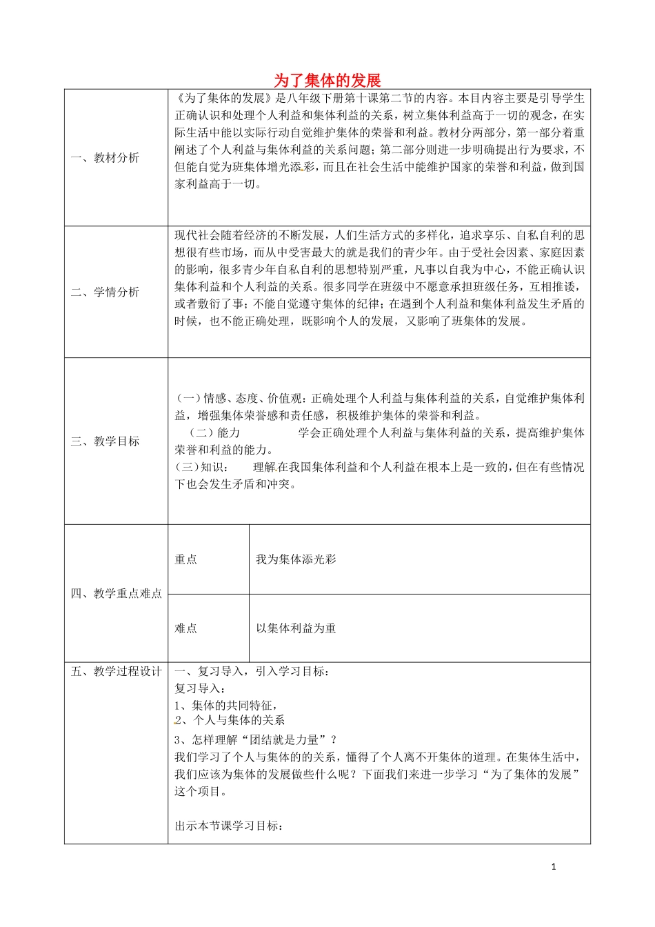 陕西省石泉县池河中学八年级政治下册5.10.2为了集体的发展教案鲁教版_第1页