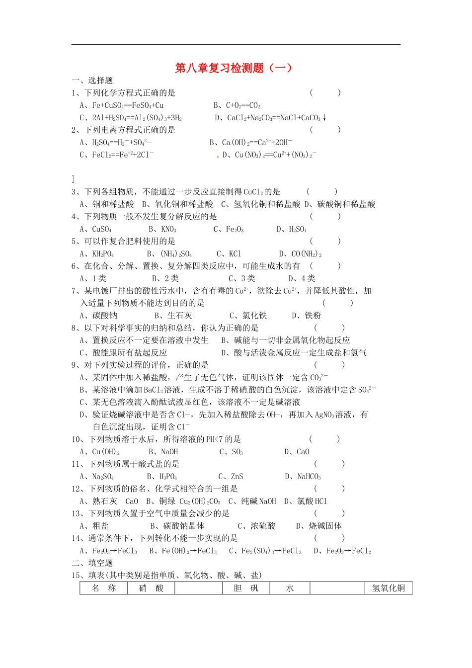 北京市和平北路学校中考化学总复习第八章检测题无答案_第1页