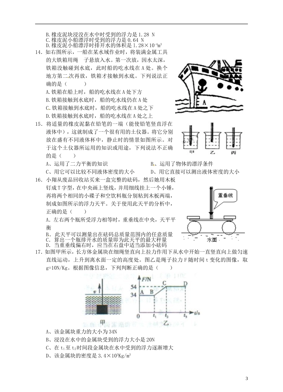 浙江省温州市平阳县鳌江镇第三中学中考科学 决胜专题训练之二十九 浮力 浙教版_第3页