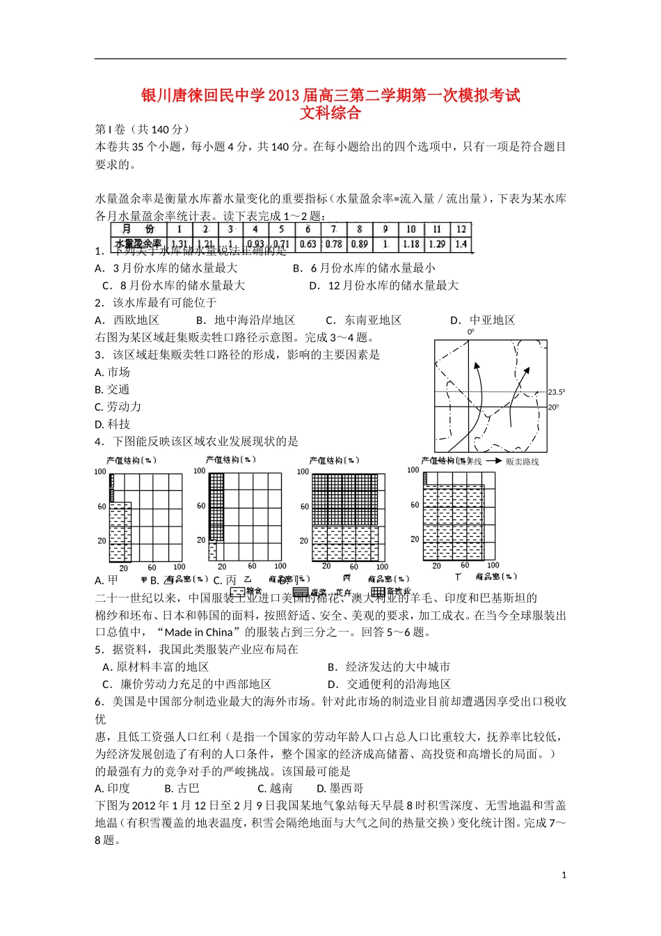 宁夏省银川市2013届高三文综下学期第一次模拟考试（无答案）_第1页