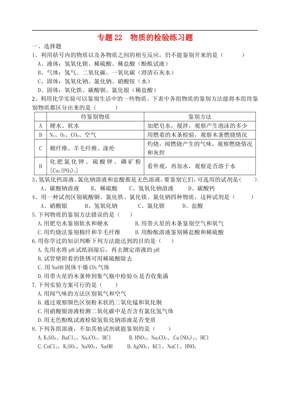 湖北省孝感市孝南区肖港镇肖港初级中学中考化学专题22物质的检验练习无答案_第1页