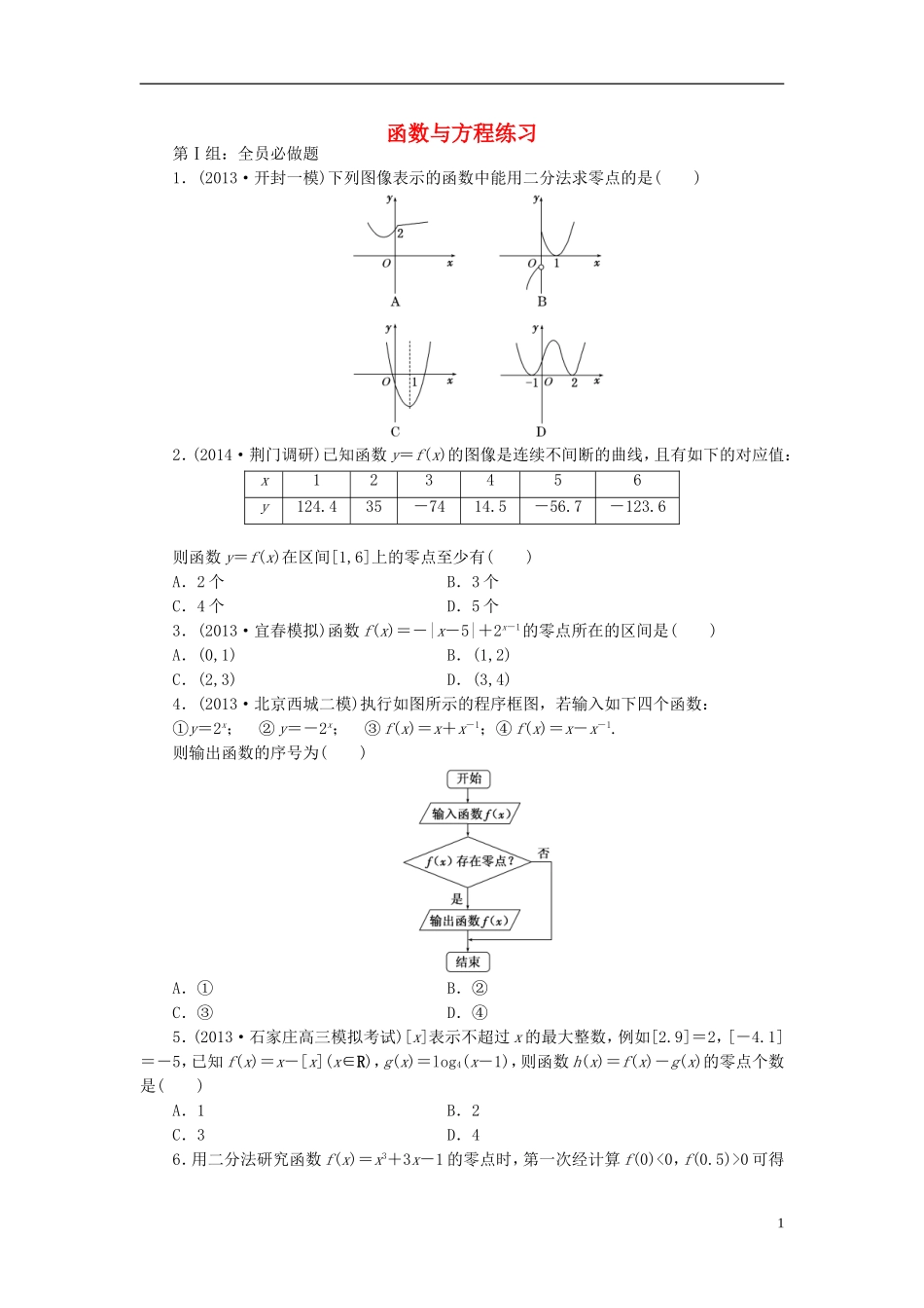 2015高中数学3.1.1方程的根与函数的零点练习新人教A版必修1_第1页