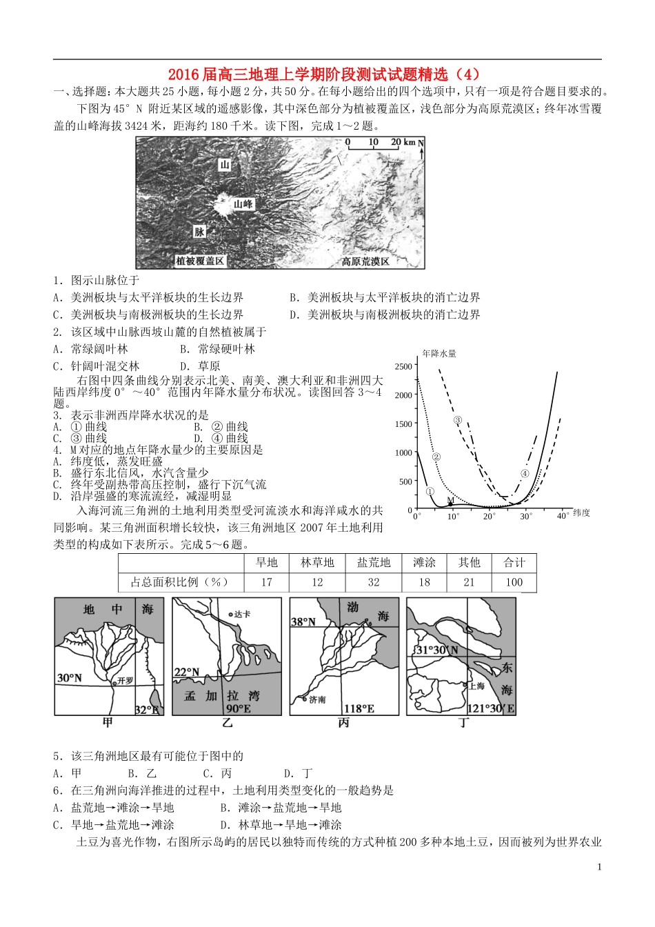 2016届高三地理上学期阶段测试试题精选4_第1页