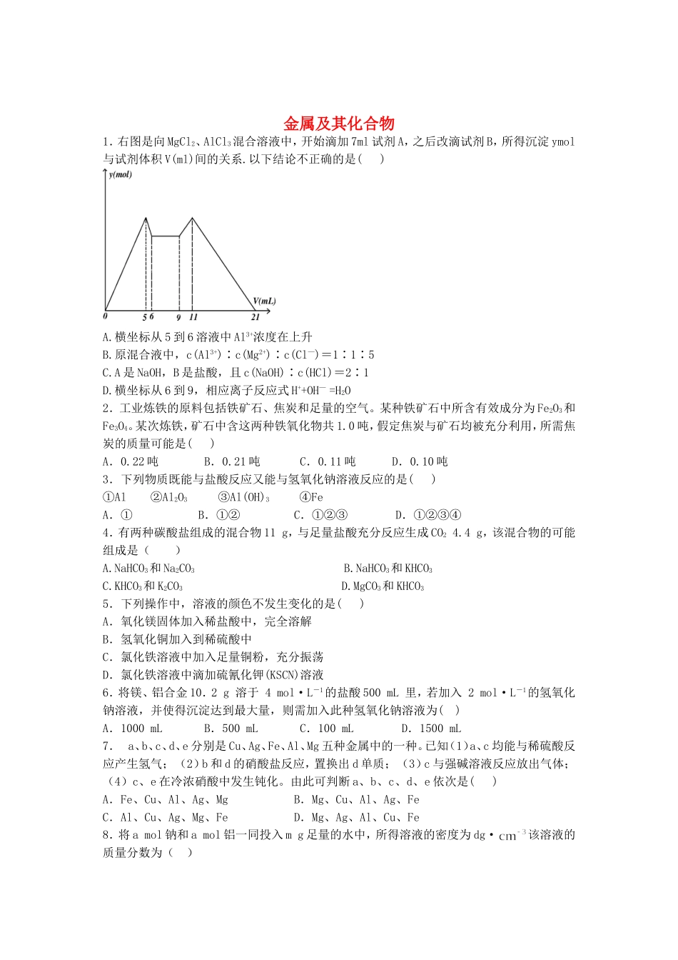 河南省示范性高中罗山高中2016届高考化学金属及其化合物复习专练含解析_第1页