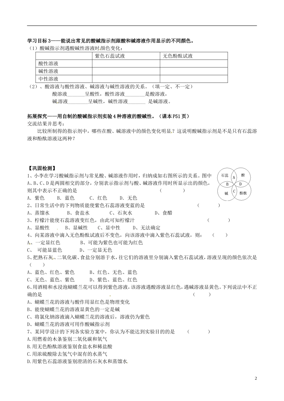广东省珠海十中九年级化学下册《10.1 常见的酸和碱（第1课时）》导学案（无答案） 新人教版_第2页