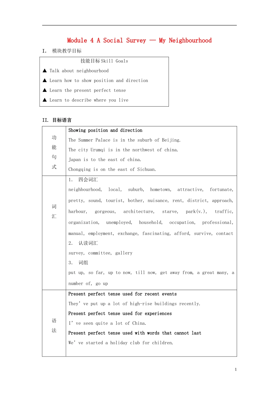 山西省吕梁市石楼县石楼中学高中英语 Module 4 A Social Survey-My Neighbourhood教案 外研版必修1 _第1页