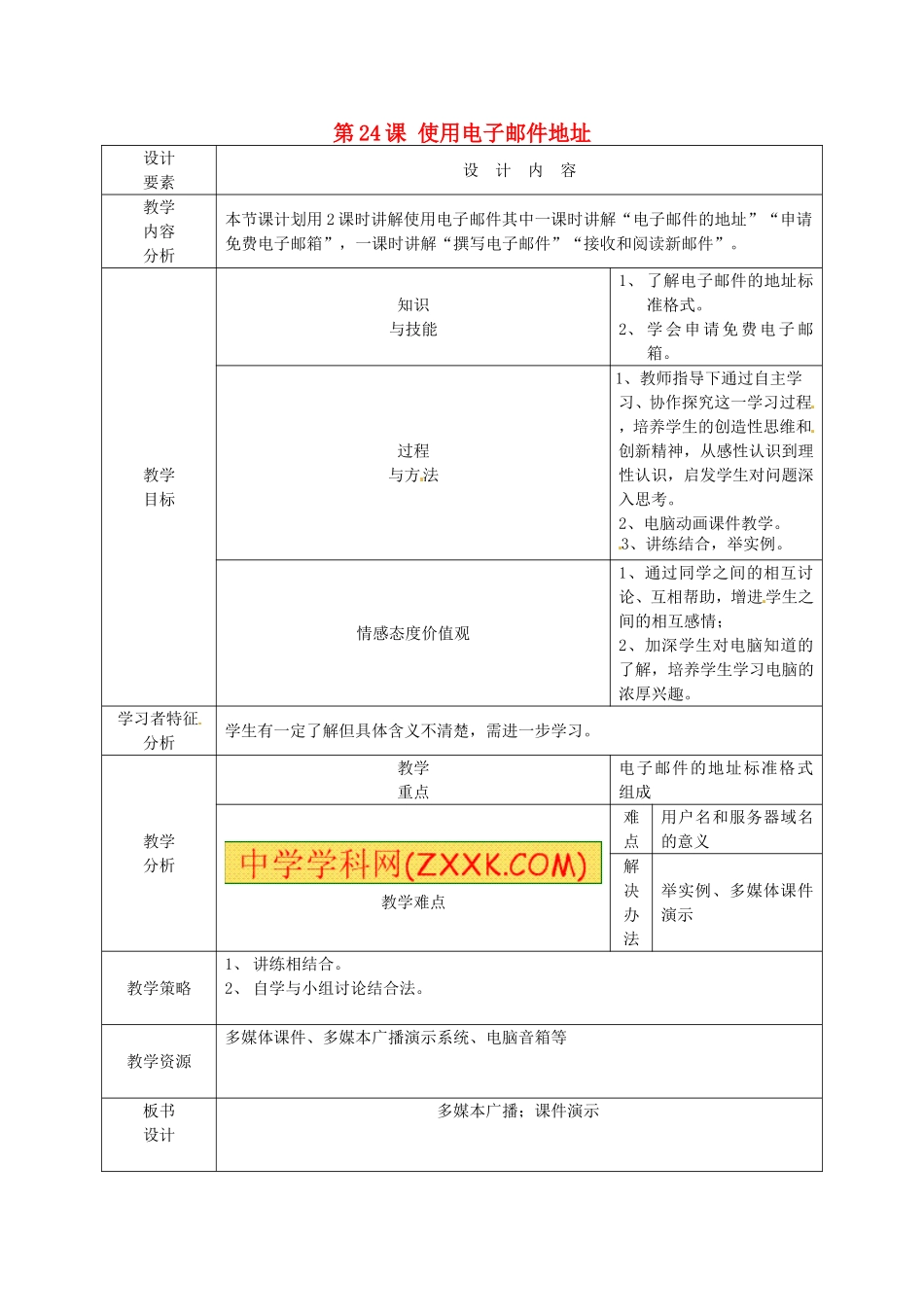 新疆兵团第五师八十八团学校高中信息技术上册第24课使用电子邮件地址教案_第1页