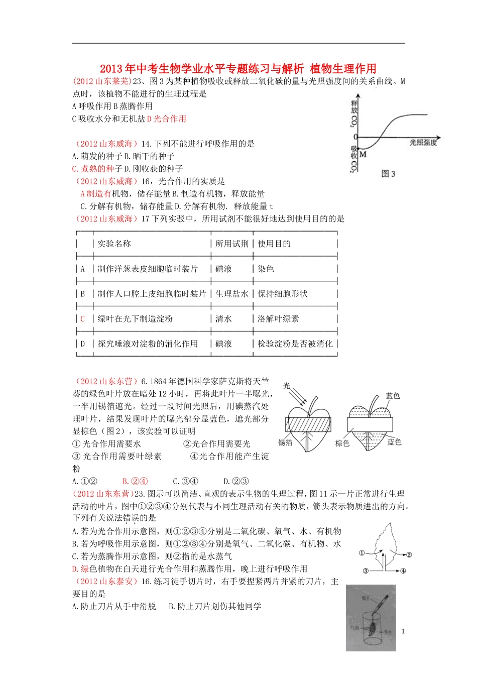 2013年中考生物学业水平专题练习与解析 植物生理作用_第1页