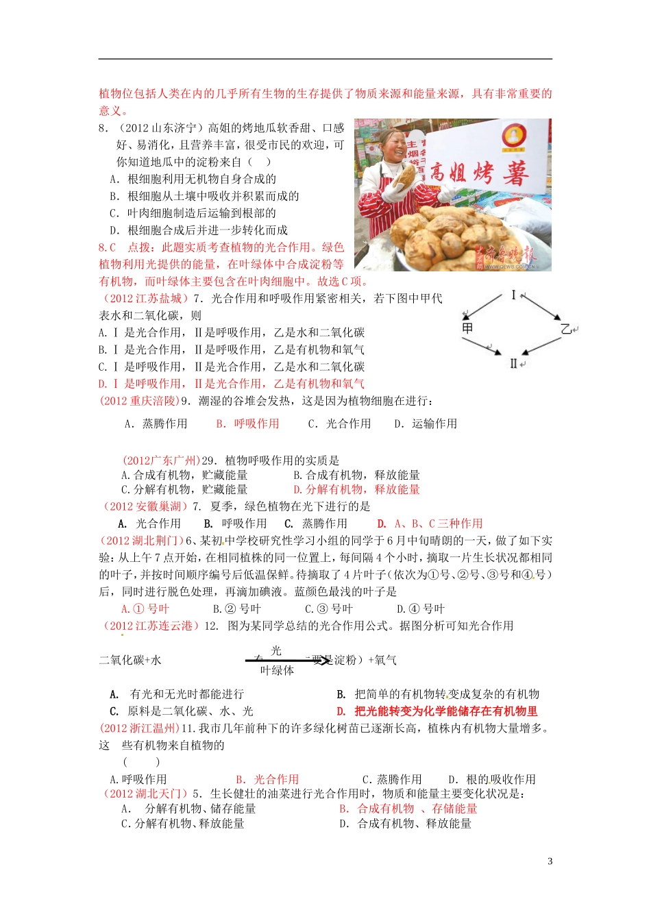 2013年中考生物学业水平专题练习与解析 植物生理作用_第3页