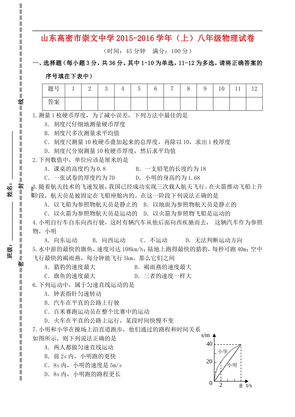 山东省高密市崇文中学2015_2016学年八年级物理上学期第一次月考试题沪科版_第1页