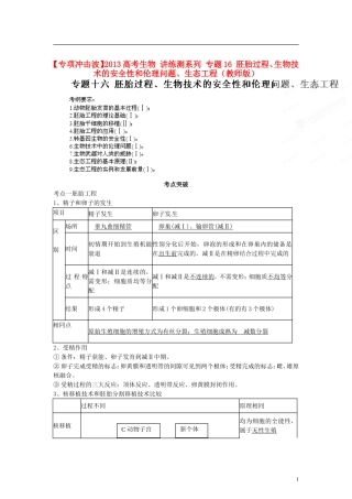 【专项冲击波】2013高考生物 讲练测系列 专题16 胚胎过程、生物技术的安全性和伦理问题、生态工程（教师版）