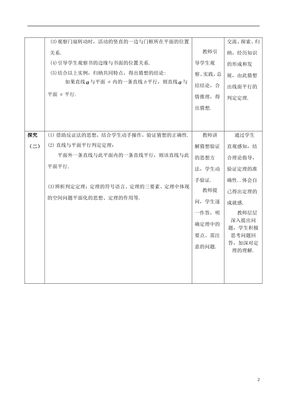 2015高中数学2.2.1直线与平面平行的判定教学设计新人教A版必修2_第2页
