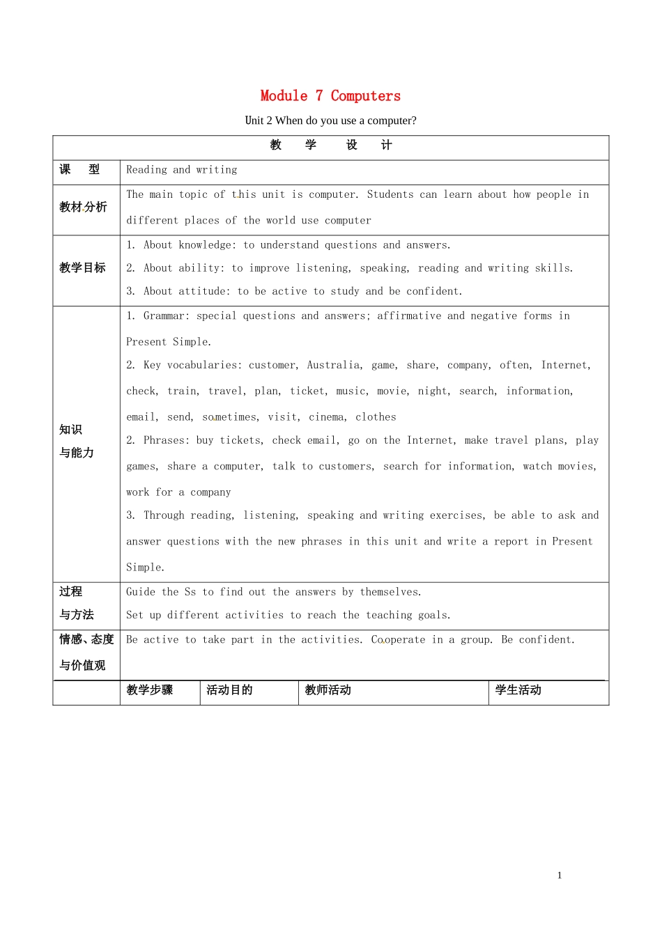 山东省冠县第一中学七年级英语上册Module7ComputersUnit2Whendoyouuseacomputer教案新版外研版_第1页