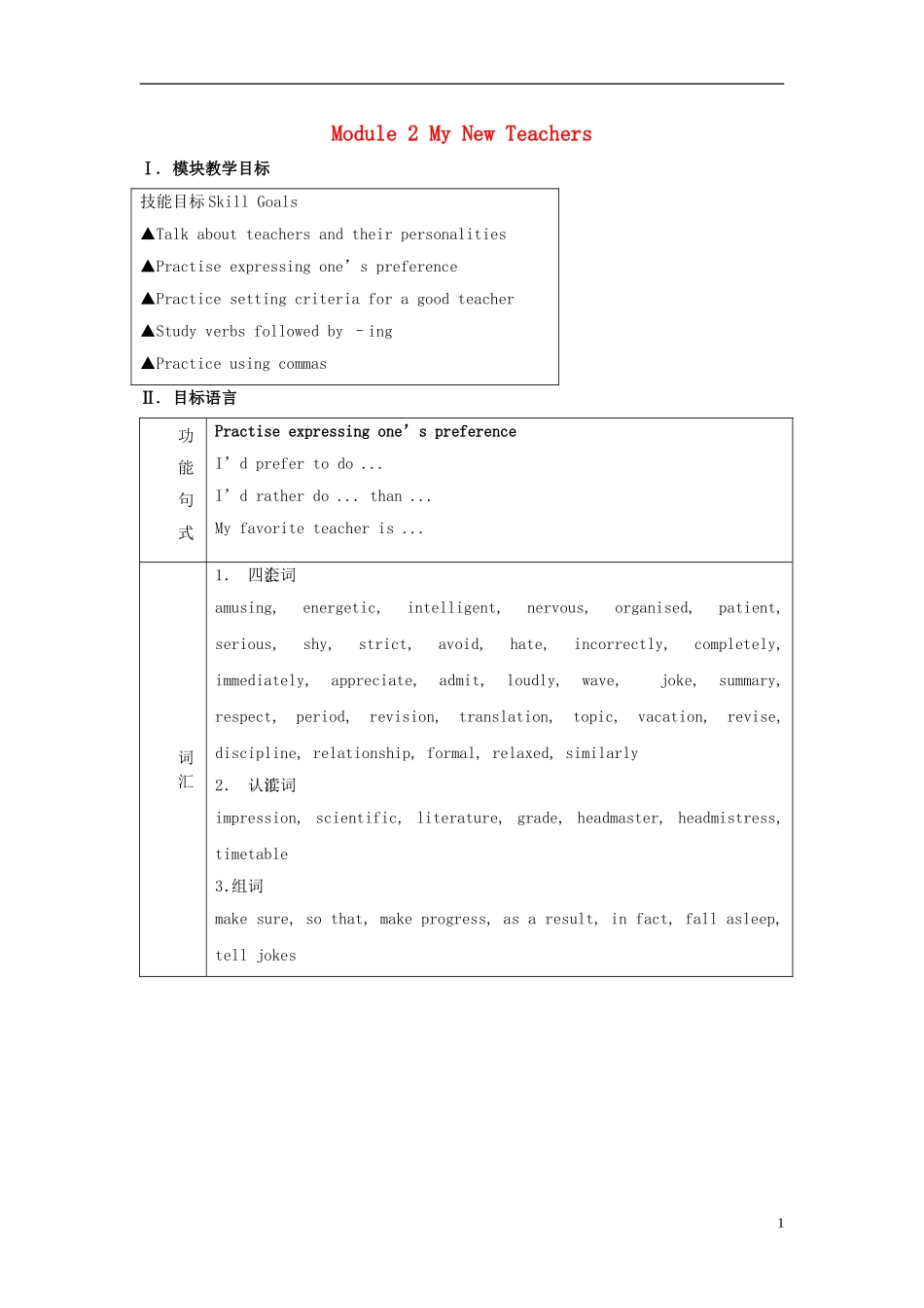 山西省吕梁市石楼县石楼中学高中英语 Module 2 My New Teachers教案 外研版必修1 _第1页