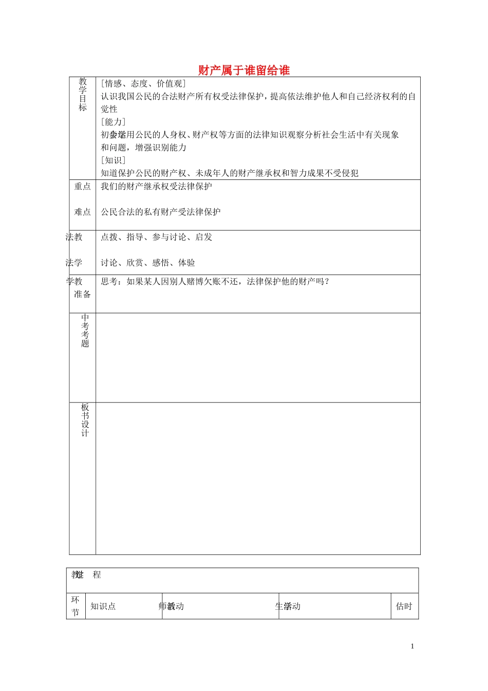 八年级政治上册4.9.1财产属于谁留给谁教案鲁教版_第1页