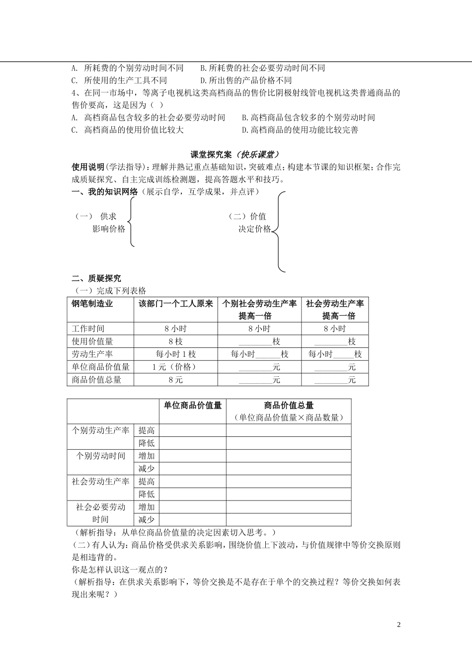 辽宁省丹东宽甸县第一中学高中政治2.1影响价格的因素导学案无答案新人教版必修1_第2页