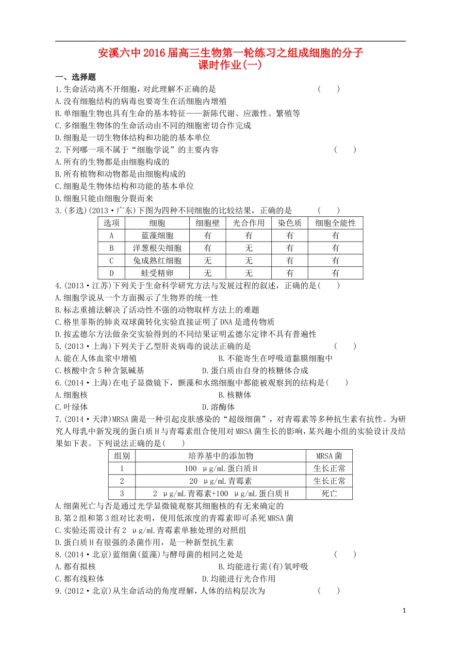 福建省安溪第六中学2016届高三生物第一轮练习组成细胞的分子_第1页