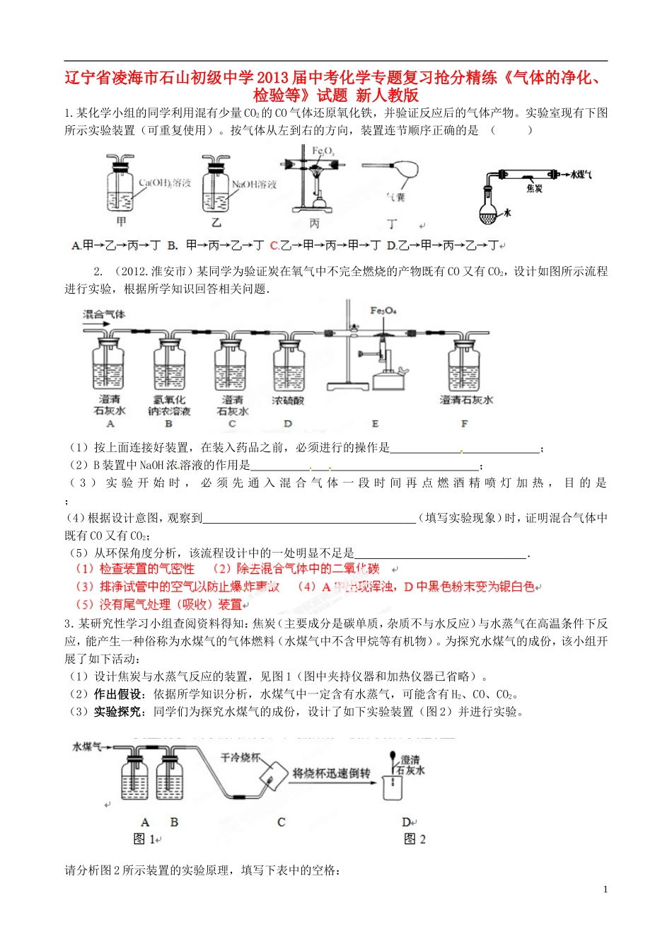 辽宁省凌海市石山初级中学2013届中考化学专题复习抢分精练《气体的净化、检验等》试题 新人教版_第1页