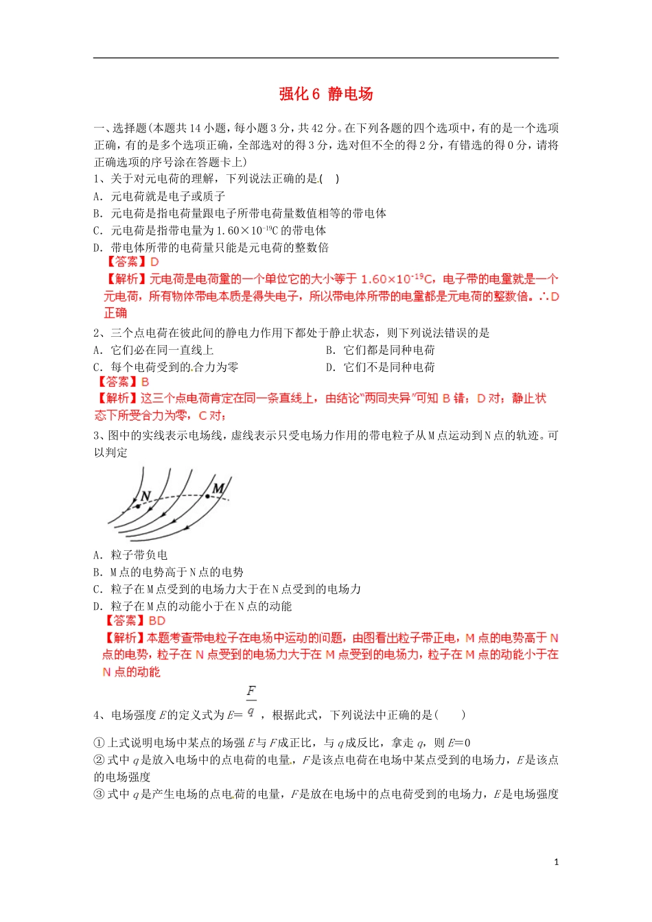 【备考宝典】2013高考物理 知识点强化 专题六 静电场_第1页