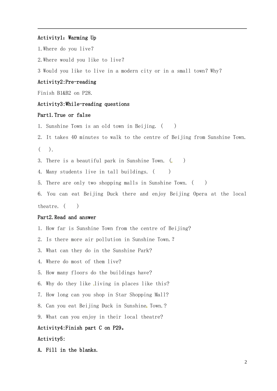 江苏省大丰市万盈二中七年级英语下册《Unit 2 Welcome to Sunshine Town Reading》练习（无答案） 牛津版_第2页