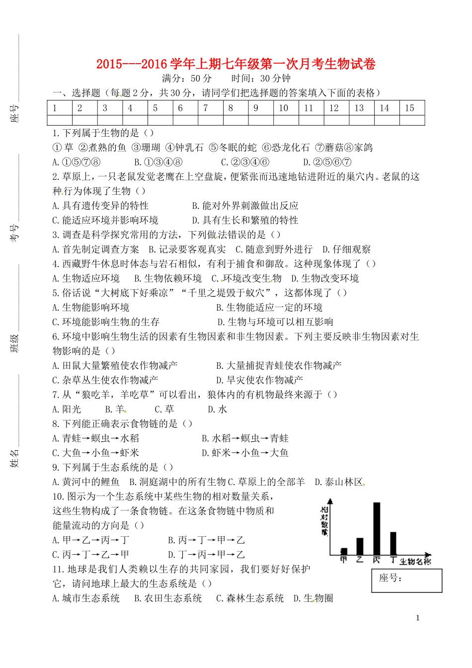 河南省陕州中学2015_2016学年七年级生物上学期第一次月考试题无答案新人教版_第1页