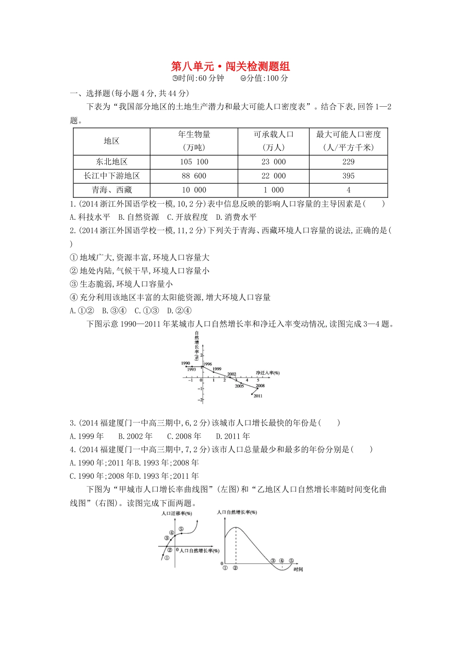 2016版高考地理第八单元人口的变化闯关检测_第1页