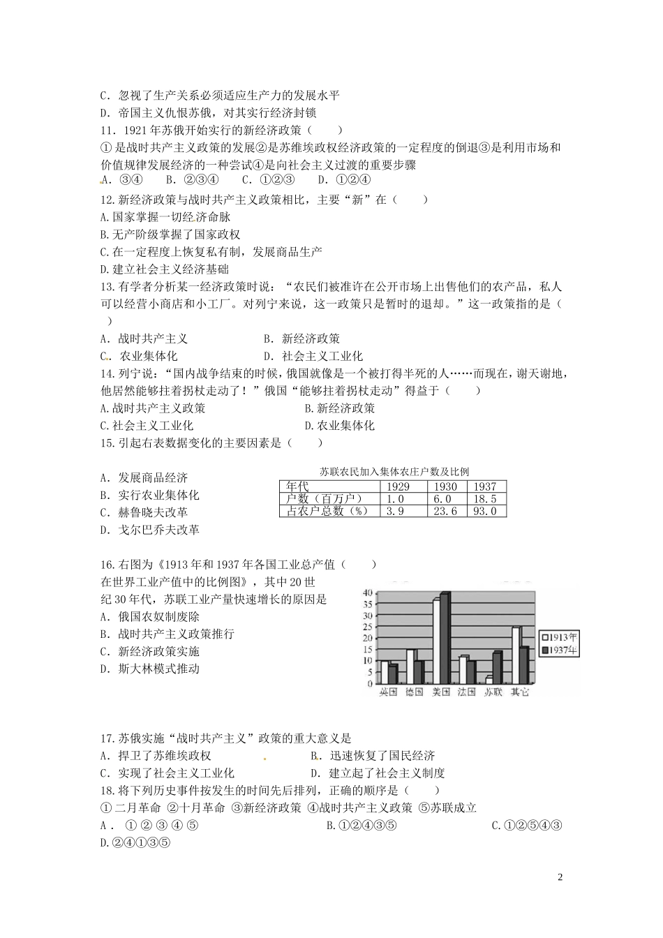九年级历史下册第一单元苏联社会主义道路的探索测试题中图版_第2页