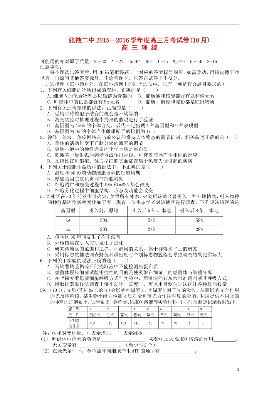 甘肃省张掖二中2016届高三生物上学期10月月考试题含解析_第1页
