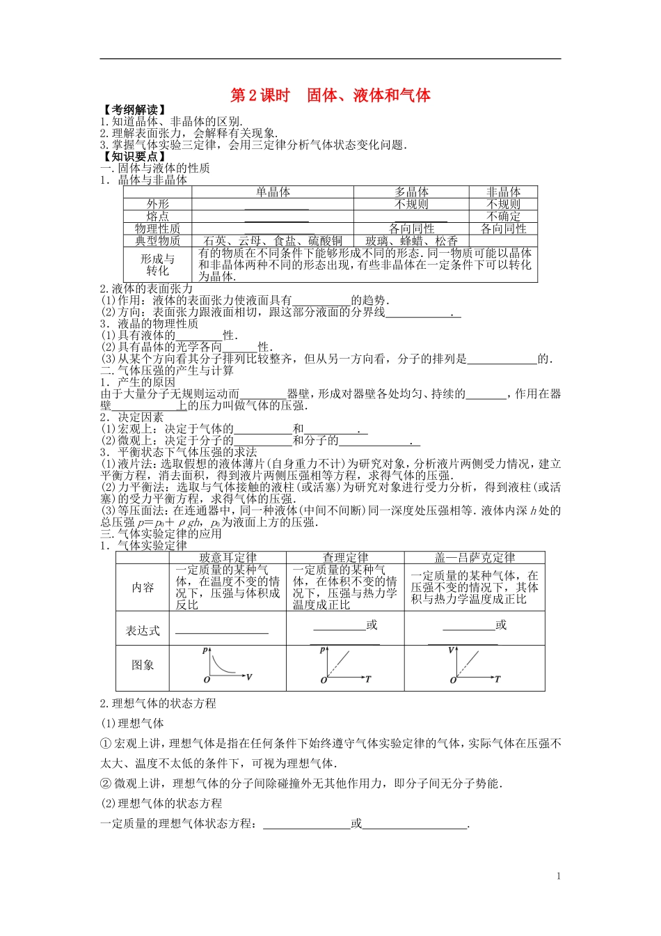 2016届高三物理一轮复习第11章第2课时固体液体和气体导学案无答案_第1页