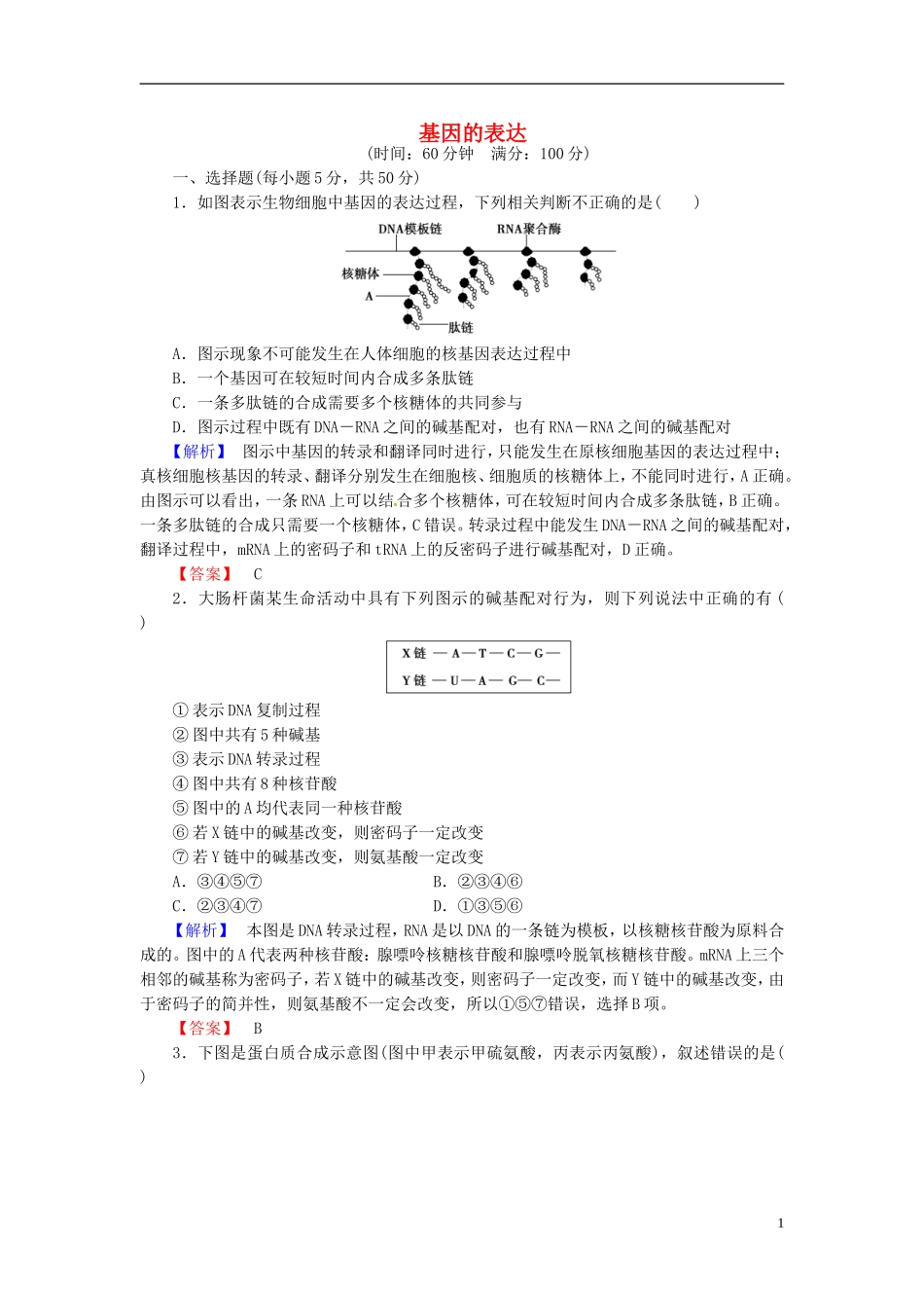 2016届高考生物总复习基因的表达试题含解析_第1页