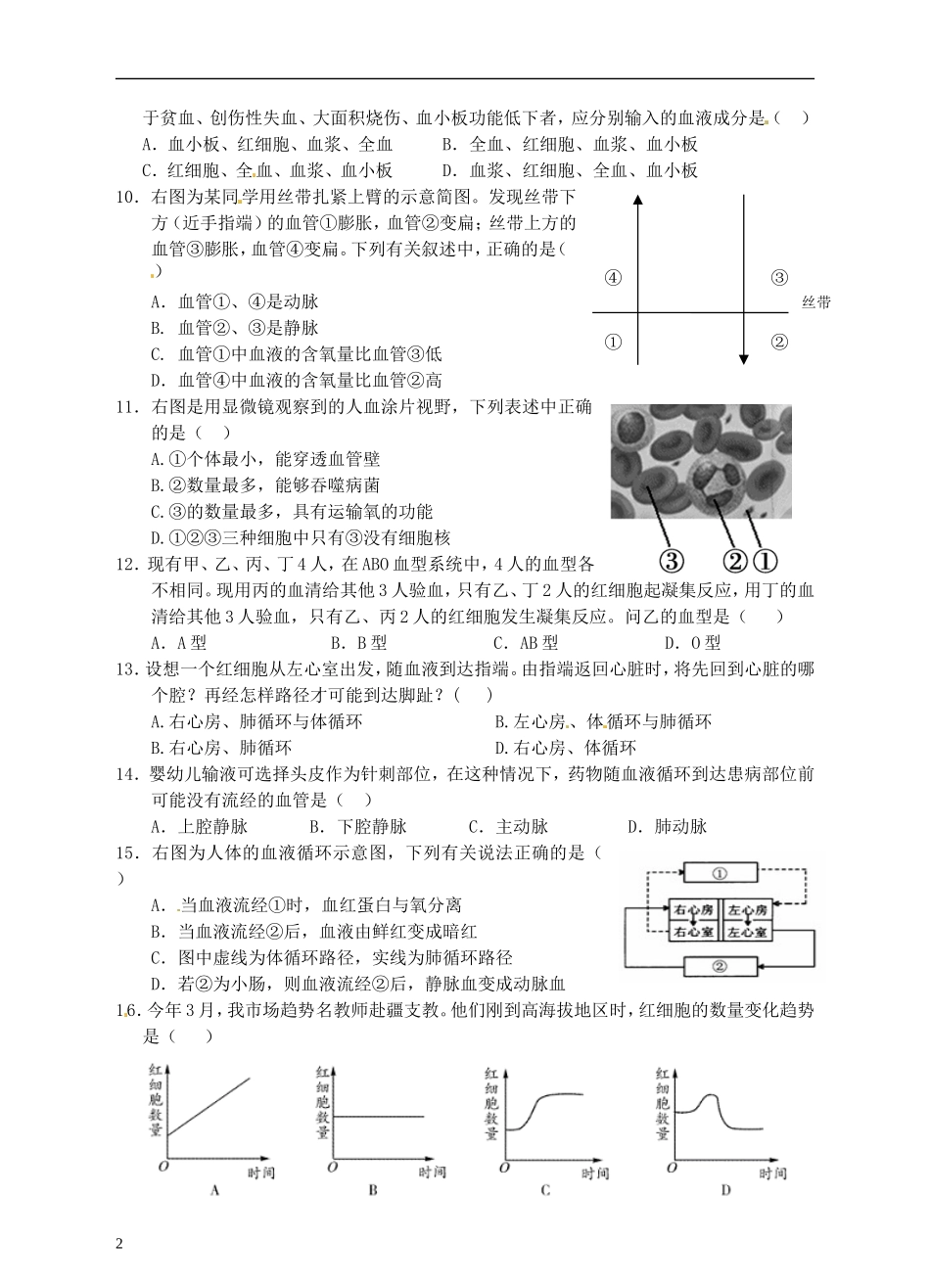 浙江省温州市平阳县鳌江镇第三中学中考科学 决胜专题训练之九 人体的新陈代谢 浙教版_第2页