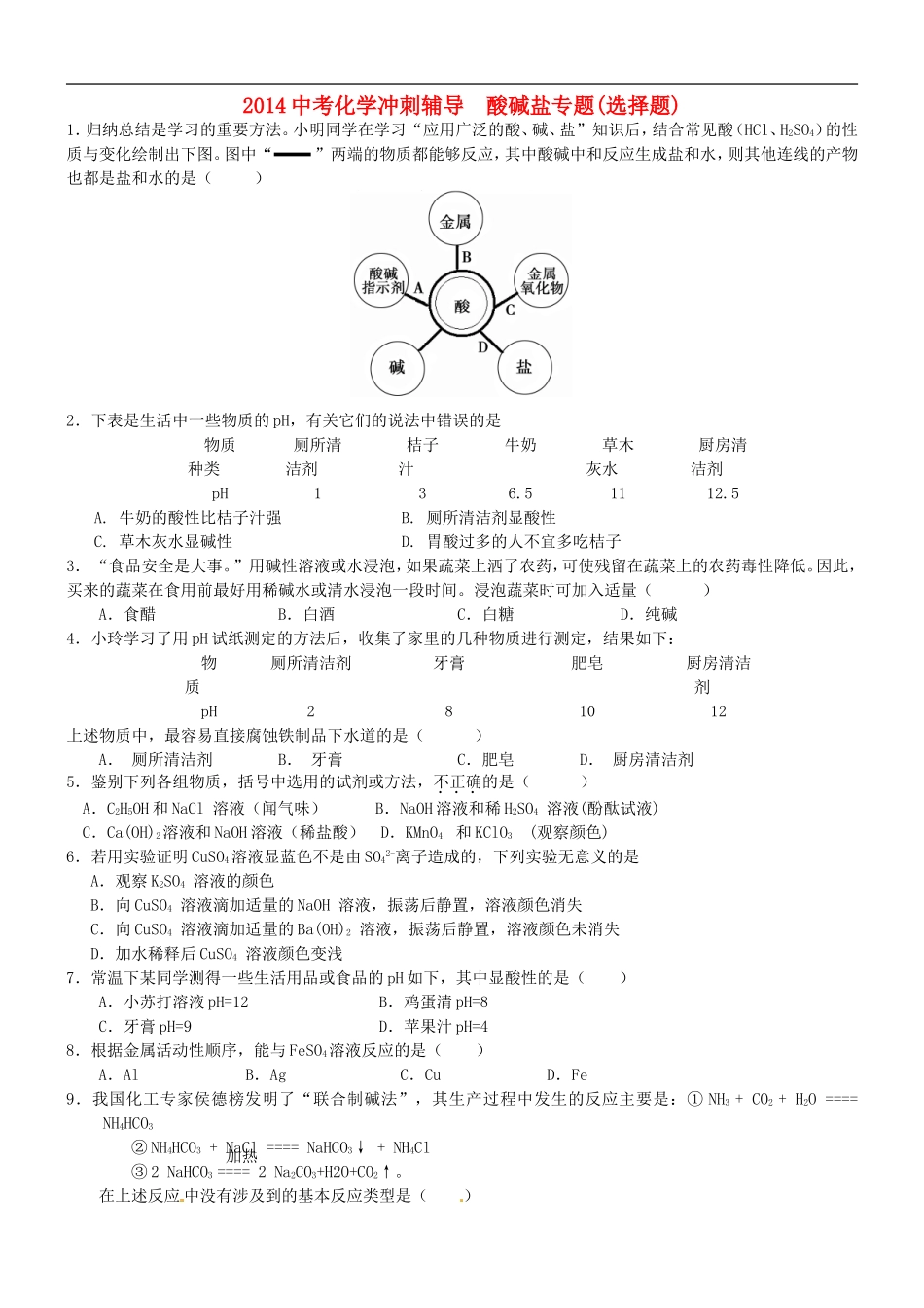 北京市和平北路学校中考化学冲刺辅导酸碱盐选择题专题无答案_第1页