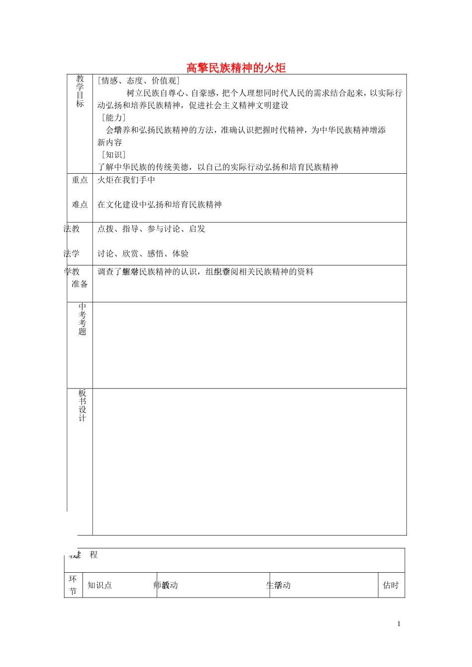 九年级政治全册第九课第2框高擎民族精神火炬教案鲁教版_第1页