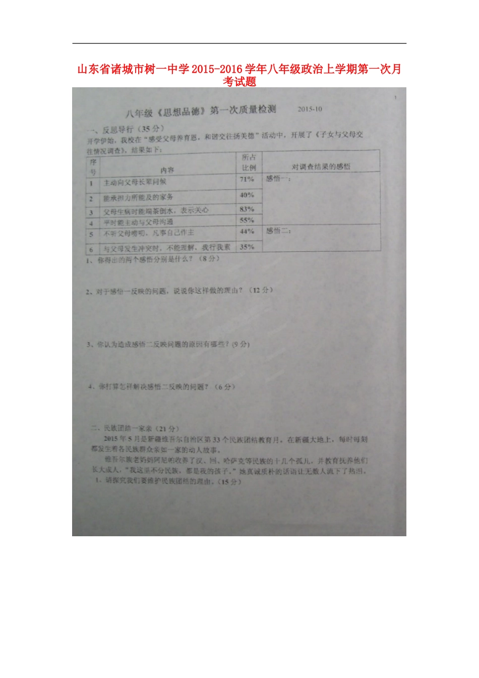 山东省诸城市树一中学2015_2016学年八年级政治上学期第一次月考试题扫描版鲁教版_第1页