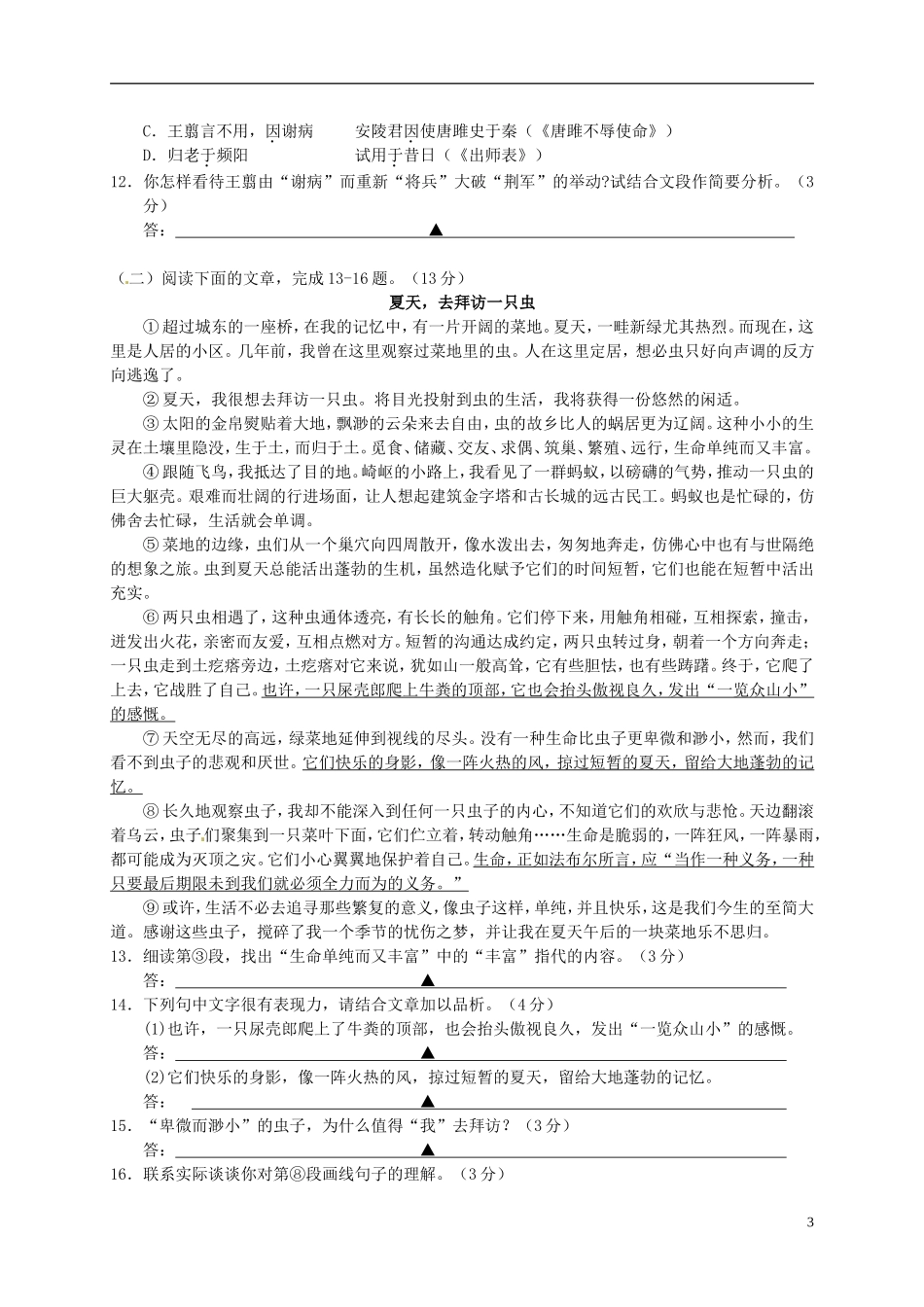 江苏省南京市江宁区湖熟片2015届九年级语文10月月考试题新人教版_第3页