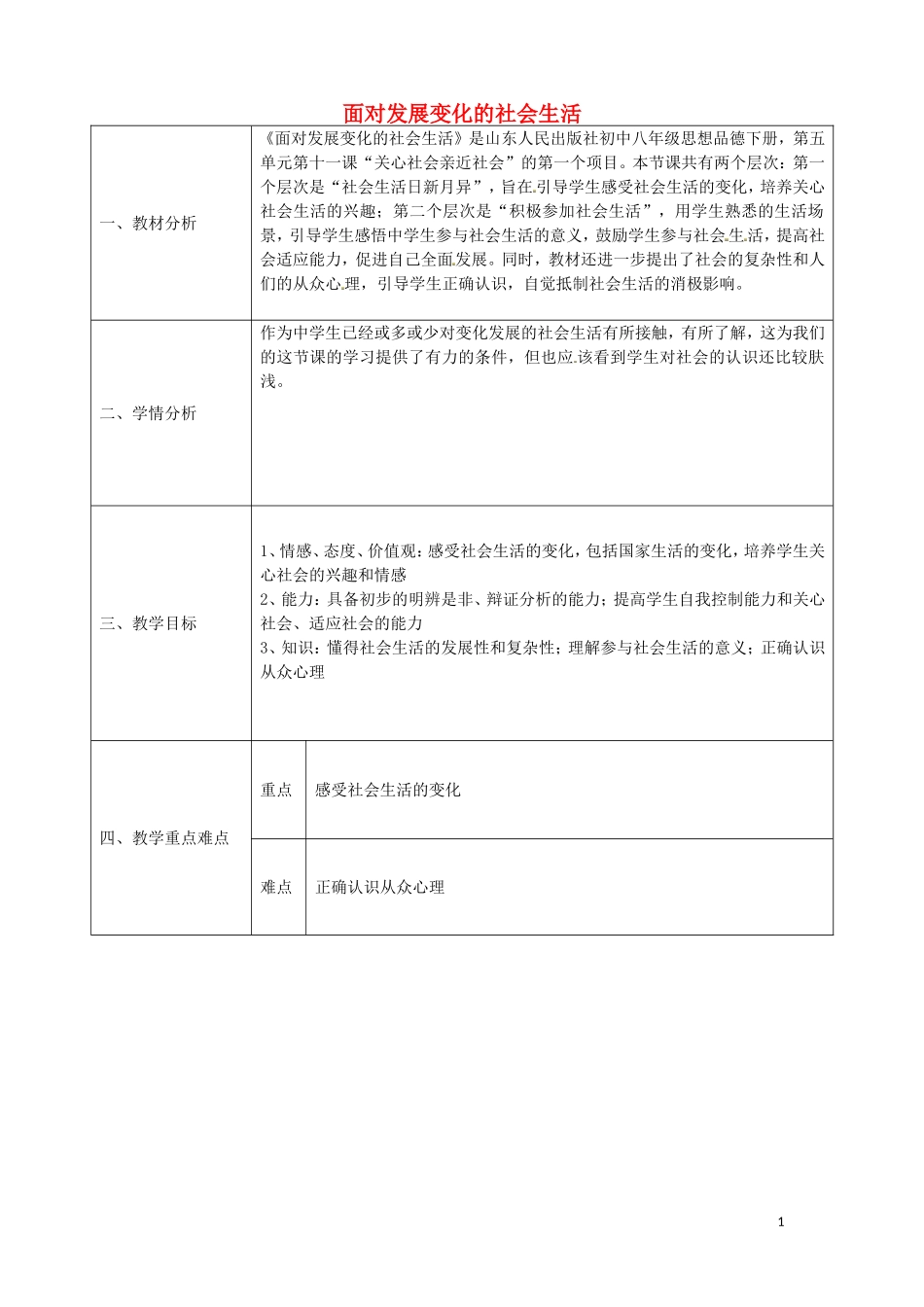 陕西省石泉县池河中学八年级政治下册5.11.1面对发展变化的社会生活教案鲁教版_第1页