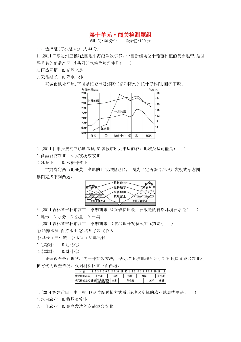 2016版高考地理第十单元农业地域的形成与发展闯关检测_第1页