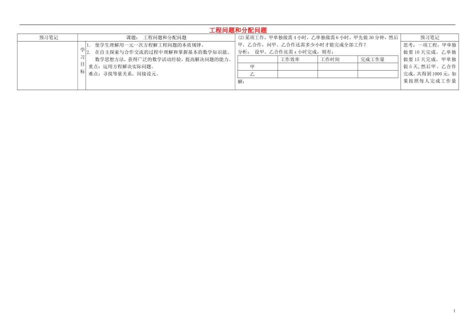 重庆市万州区塘坊初级中学七年级数学下册6.3.3实践与探索工程问题和分配问题导学案无答案新版华东师大版_第1页